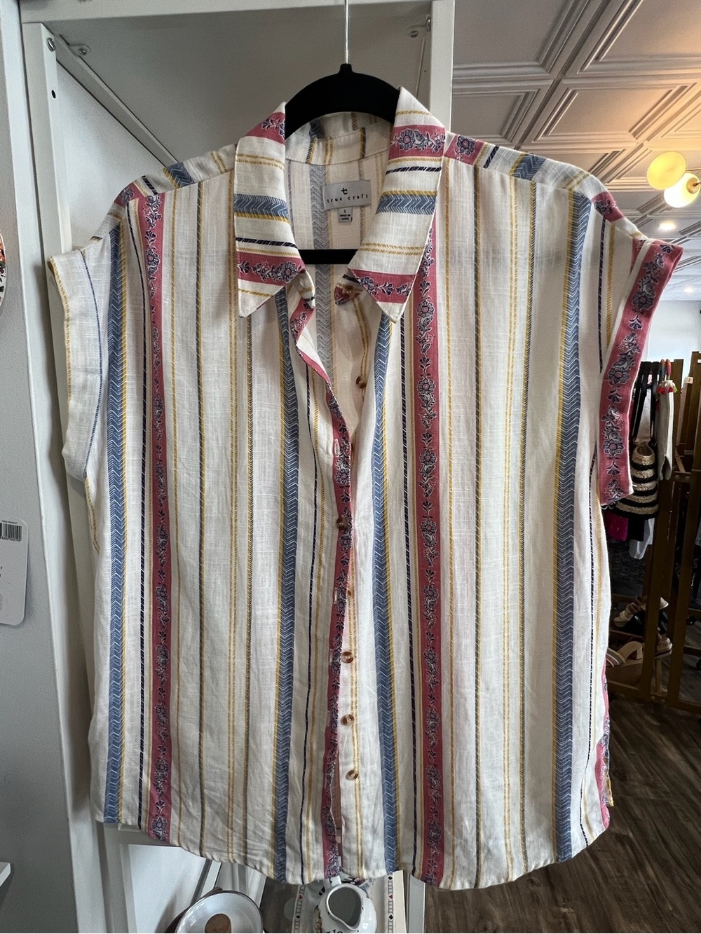 True Craft Striped Button-Down Shirt - White, Red, Blue & Yellow